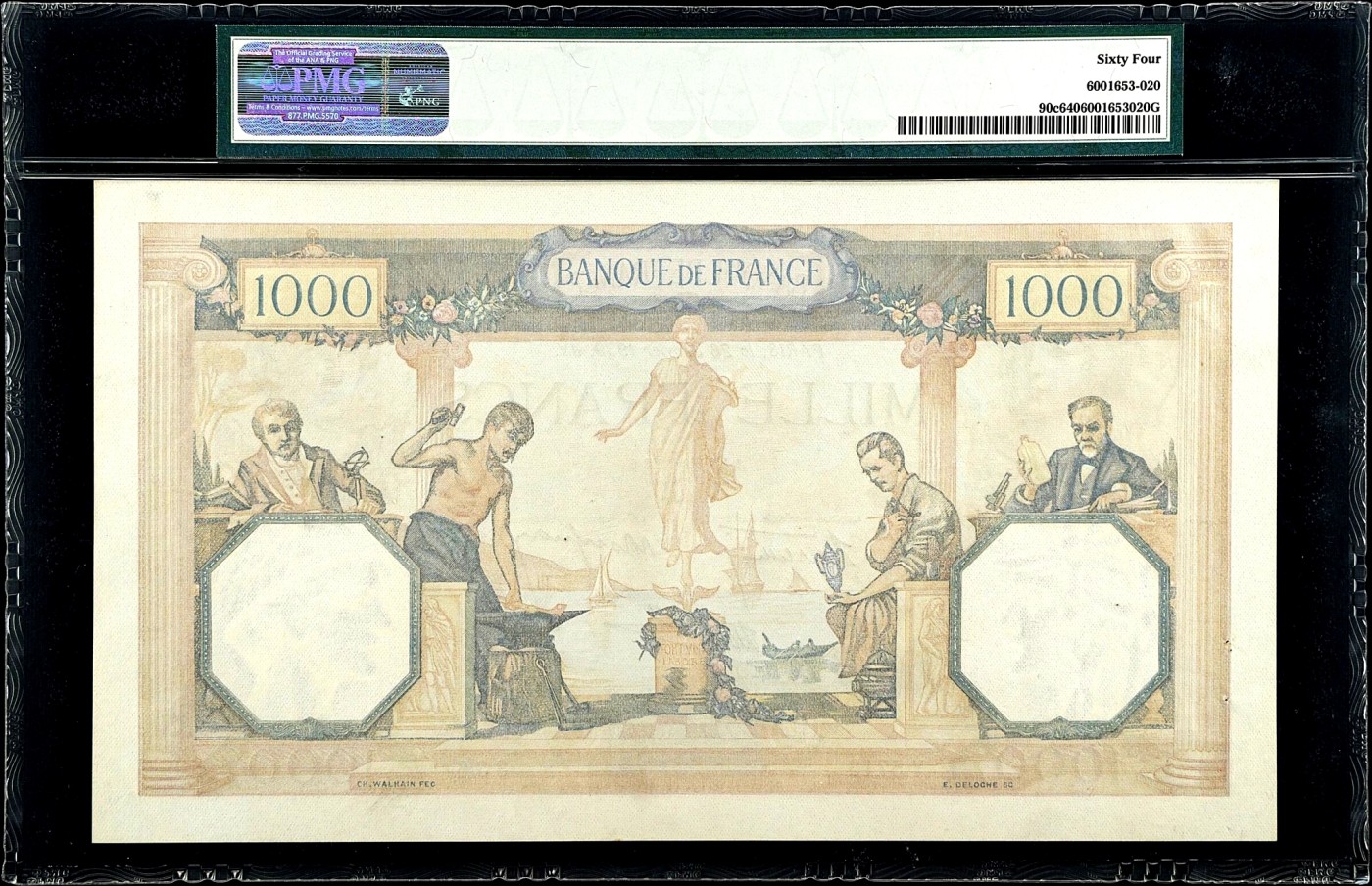 【Blue Auction】✨世界纸币精拍第380期【精】 【仅1张更高分 超大票幅 无47】法国 1938-40年1000法郎 PMG64 经典大票 