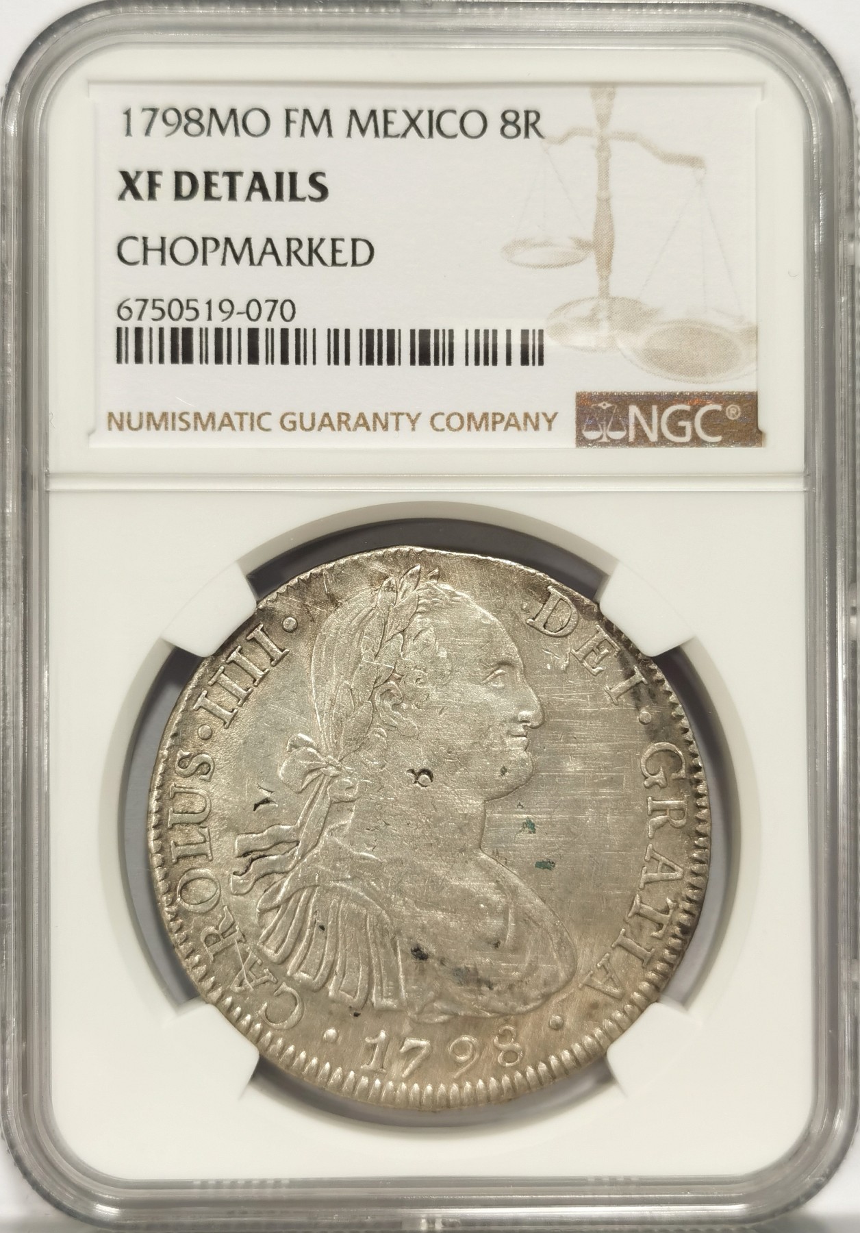 博洋堂世界钱币拍卖第047期（全场包邮） NGC XF 西属墨西哥1798年MO FM卡洛斯四世双柱银币