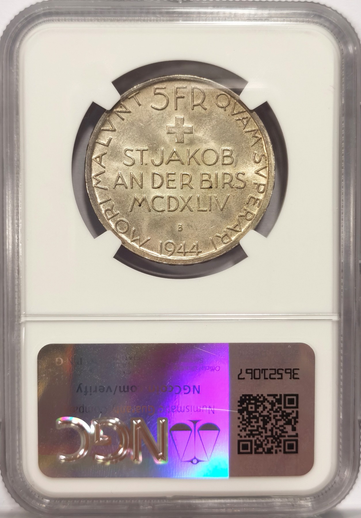 博洋堂世界钱币拍卖第047期（全场包邮） NGC MS63 瑞士1944年圣雅各布战役500周年5法郎银币