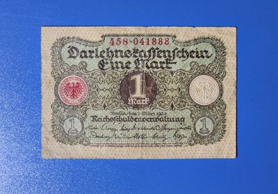 港、澳、台、中外钞、流水签、机签、箱包单、靓号专场第39期 - 德国 1920年 1马克 纸钞 103岁的老钞 流通钞 历经百年风雨兜兜转转 仍存世至今 老包浆 满满的历史岁月 老藏品的痕迹 精美小票幅 豹子号 458·041888 流通品一张～如图 