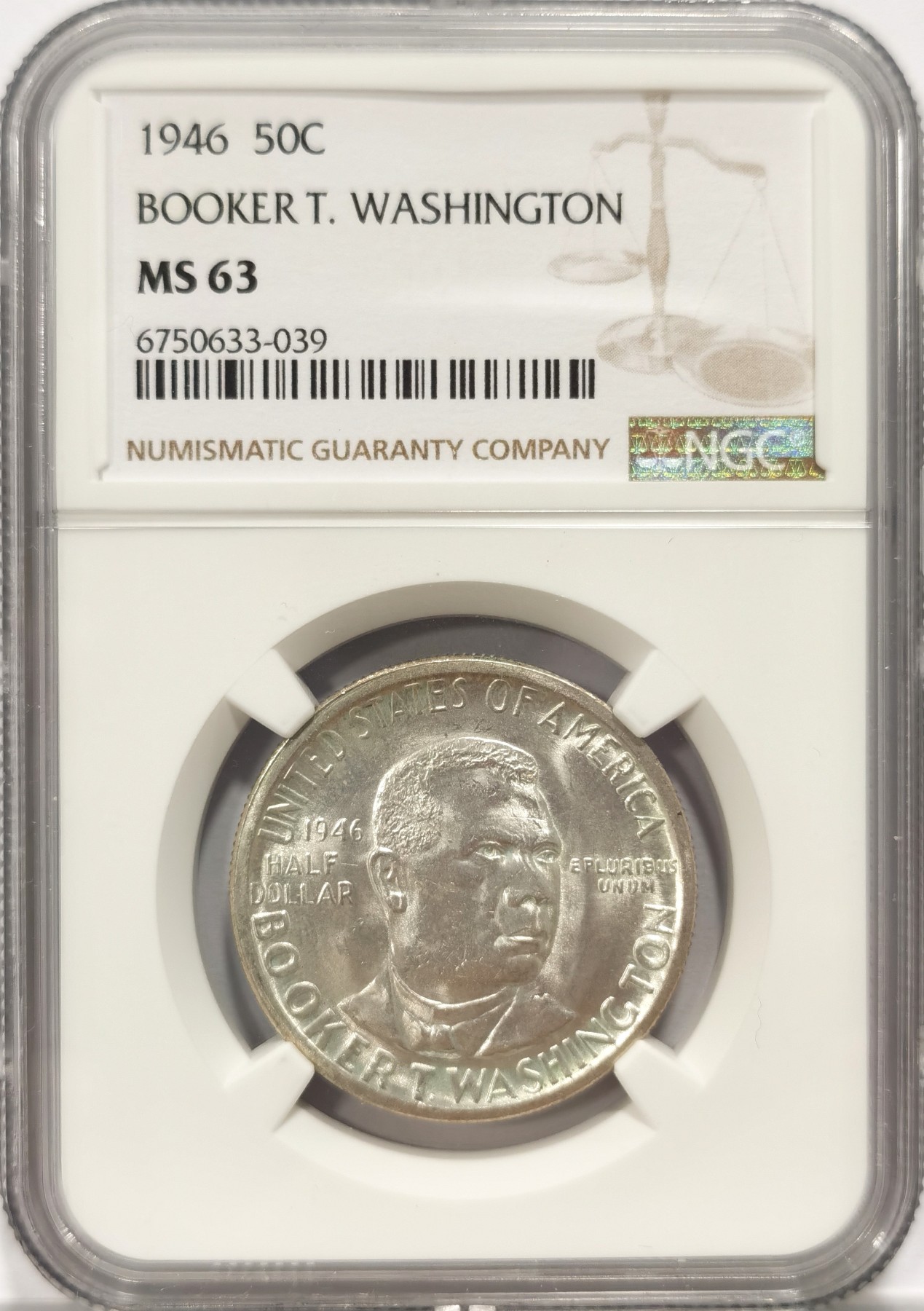 博洋堂世界钱币拍卖第047期（全场包邮） NGC MS63  美国1946年布克-华盛顿半美元纪念银币