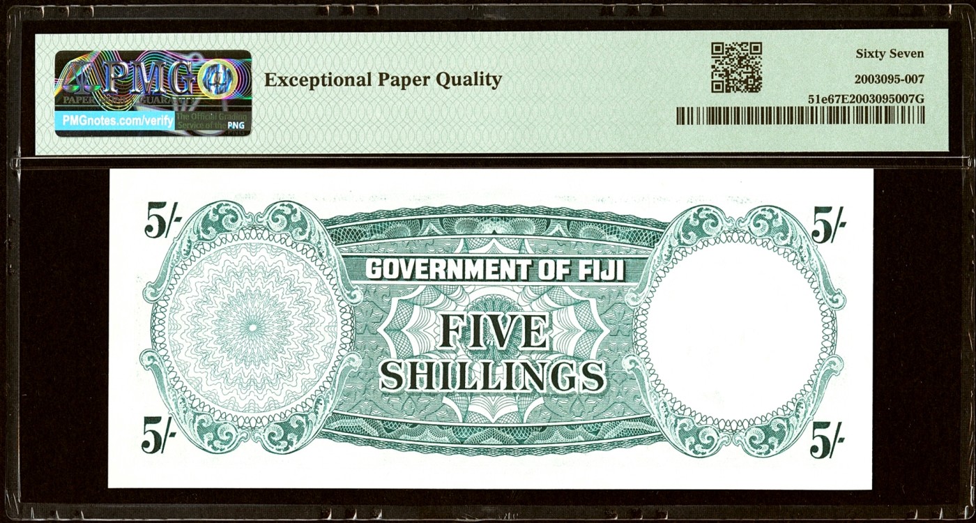 【Blue Auction】✨世界纸币精拍第380期【精】 【仅1张更高分】斐济 1965年5先令 PMG67EPQ 高分 大冠女王 清新耐看