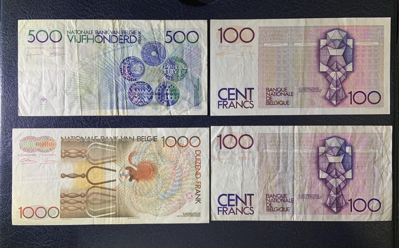 收藏联盟Quantum Auction 第296期拍卖  比利时1978-94年100，500和1000法郎4张 非全新 品相如图