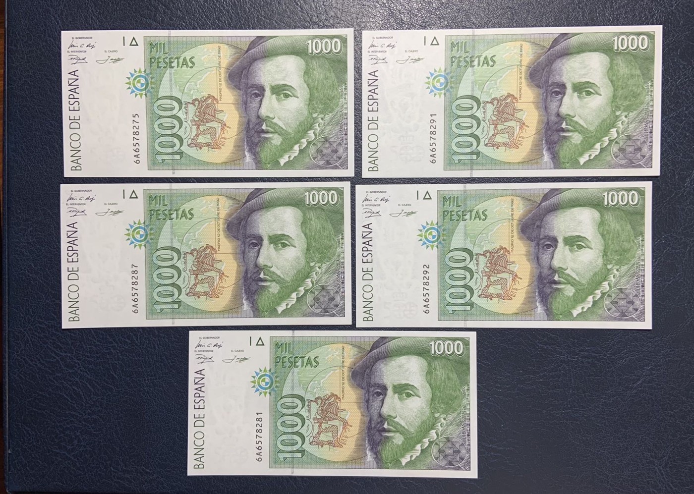 收藏联盟Quantum Auction 第296期拍卖  西班牙1992年1000比塞塔6张 品相全新UNC 其中一张为AU-