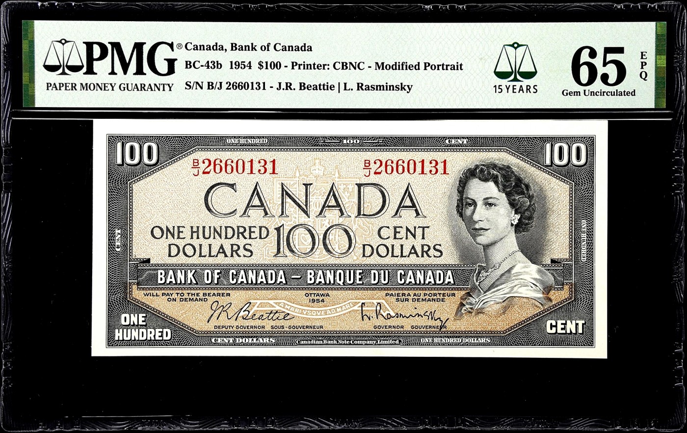 【Blue Auction】✨世界纸币精拍第380期【精】 【无47 与上一张连号】加拿大 1954年100元 PMG65EPQ 绝品 次高值 女王 风景唯美