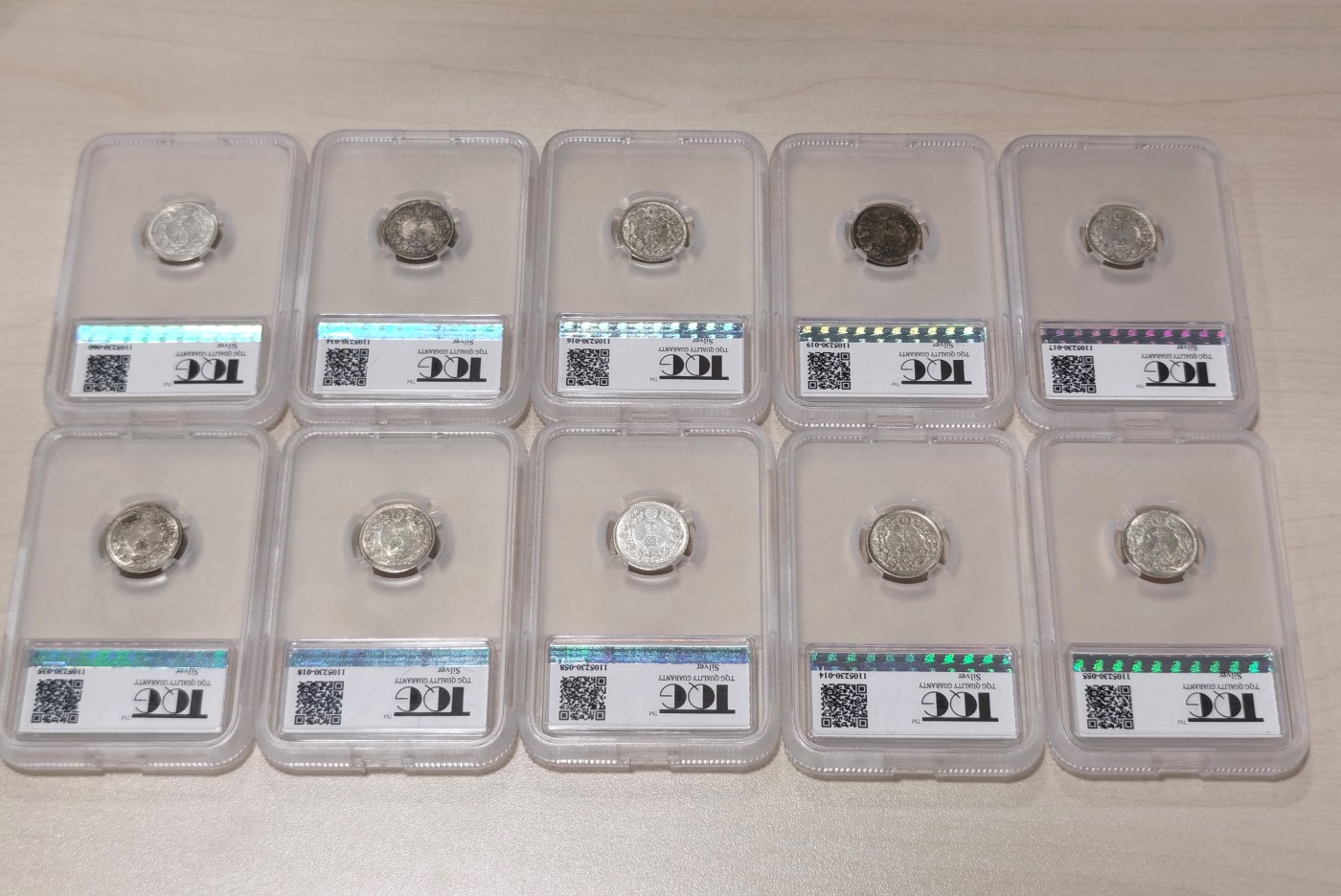 博洋堂世界钱币拍卖第047期（全场包邮） TQG AU58-MS65 日本不同年份旭日十钱银币10枚一组