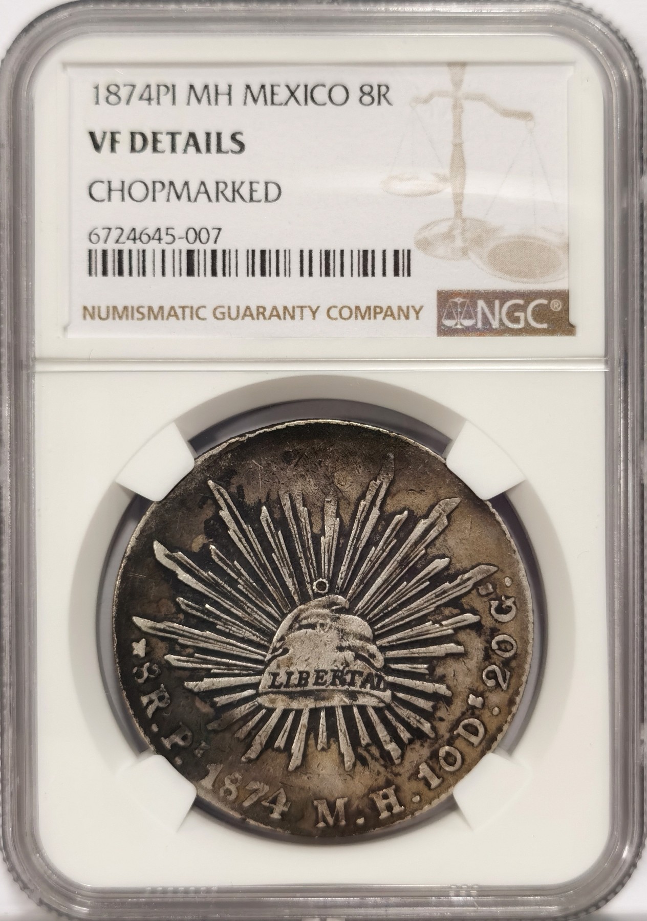 博洋堂世界钱币拍卖第047期（全场包邮） NGC VF 墨西哥1874年PI MH版花边鹰洋，原味包浆