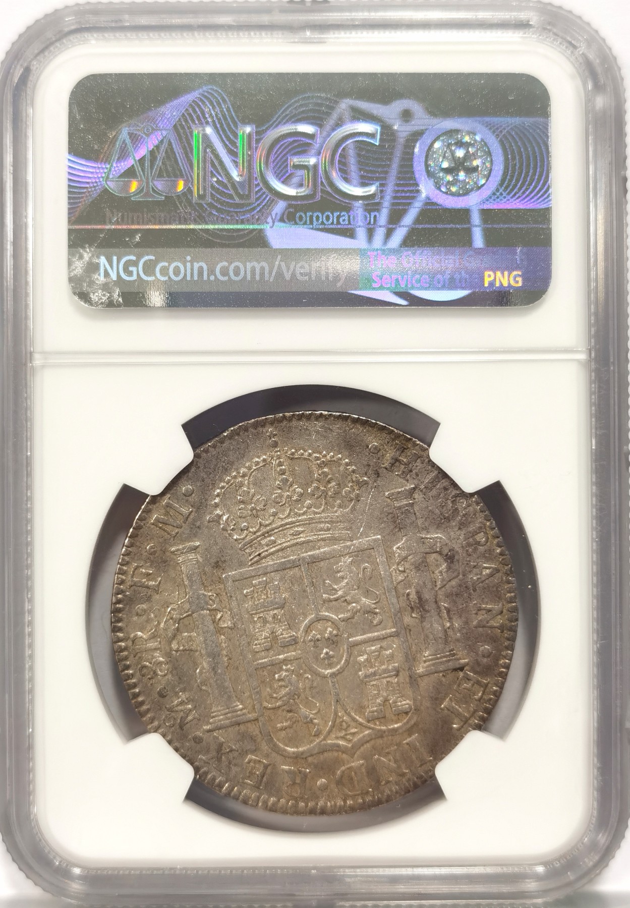 博洋堂世界钱币拍卖第047期（全场包邮） NGC AU53 西属墨西哥1790年卡洛斯三世双柱银币，过渡年份IIII版，比1789年少，标签显示曾在1857年前作为美国法定货币