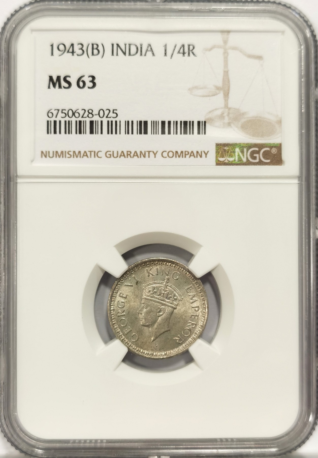 博洋堂世界钱币拍卖第047期（全场包邮） NGC MS63 英属印度1943年B版乔治六世1/4卢比银币