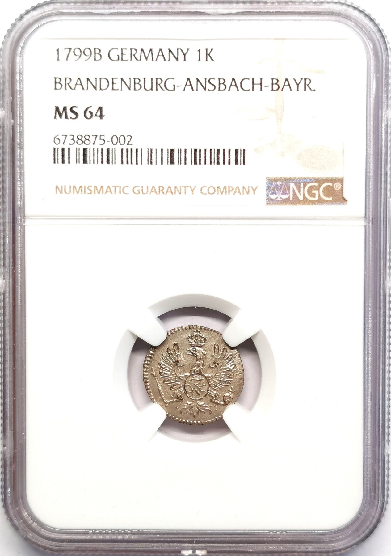 凡希社世界钱币微拍第二百五十期 1799勃兰登堡安斯巴赫拜伊罗特1K银辅币NGC-MS64