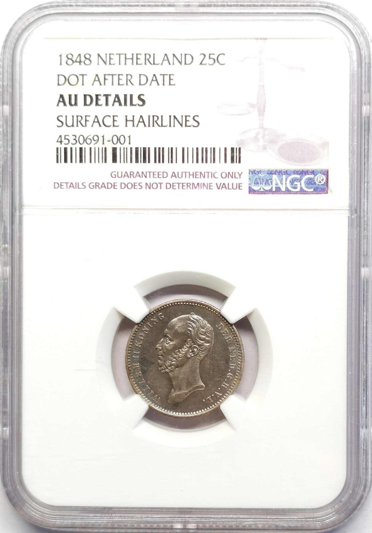 凡希社世界钱币微拍第二百五十期 1848荷兰25分银币NGC-AUD