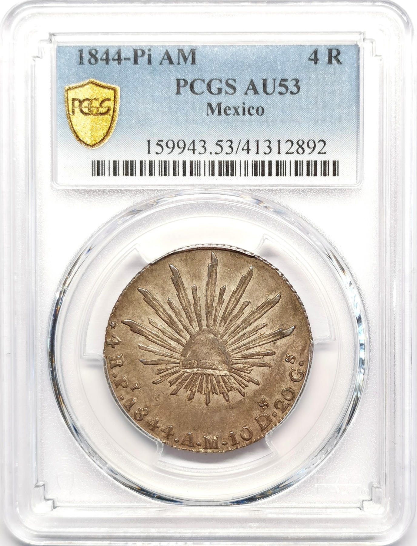 凡希社世界钱币微拍第二百五十期 1844PI墨西哥鹰与自由帽4R银币PCGS-AU53状态极好！