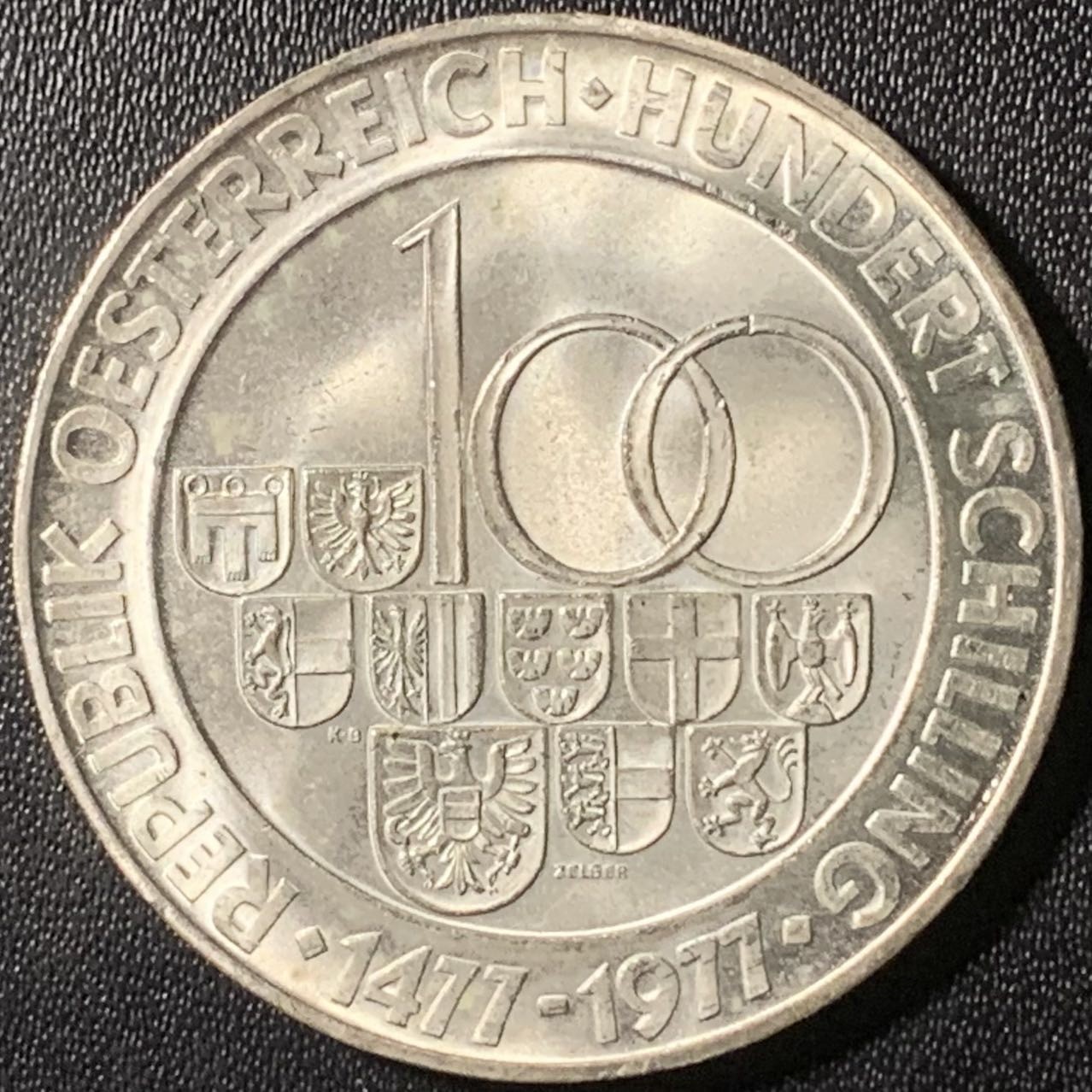 紫瑗钱币——第315期拍卖 奥地利 1977年 萨尔茨堡建市900周年 100先令 24克 0.64银 UNC