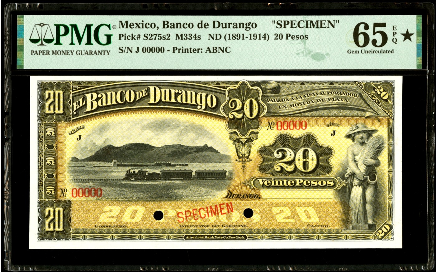 【Blue Auction】✨世界纸币精拍第380期【精】  【带星罕见 仅见 唯一亚军 仅1张更高分】墨西哥 1891-1914年20比索 洋溢着丰收喜悦的露奶少女&时代列车大场景 PMG65EPQ星星 ABNC出品 少见品种 样钞 UNC目录价1000美金