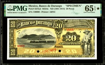 【Blue Auction】✨世界纸币精拍第380期【精】 -  【带星罕见 仅见 唯一亚军 仅1张更高分】墨西哥 1891-1914年20比索 洋溢着丰收喜悦的露奶少女&时代列车大场景 PMG65EPQ星星 ABNC出品 少见品种 样钞 UNC目录价1000美金