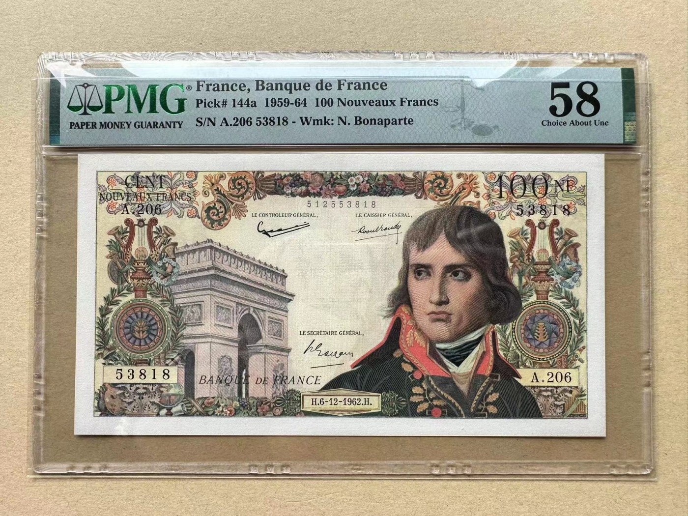 【Blue Auction】✨世界纸币精拍第380期【精】 【无47】法国 1962年100新法郎 PMG58 拿破仑 