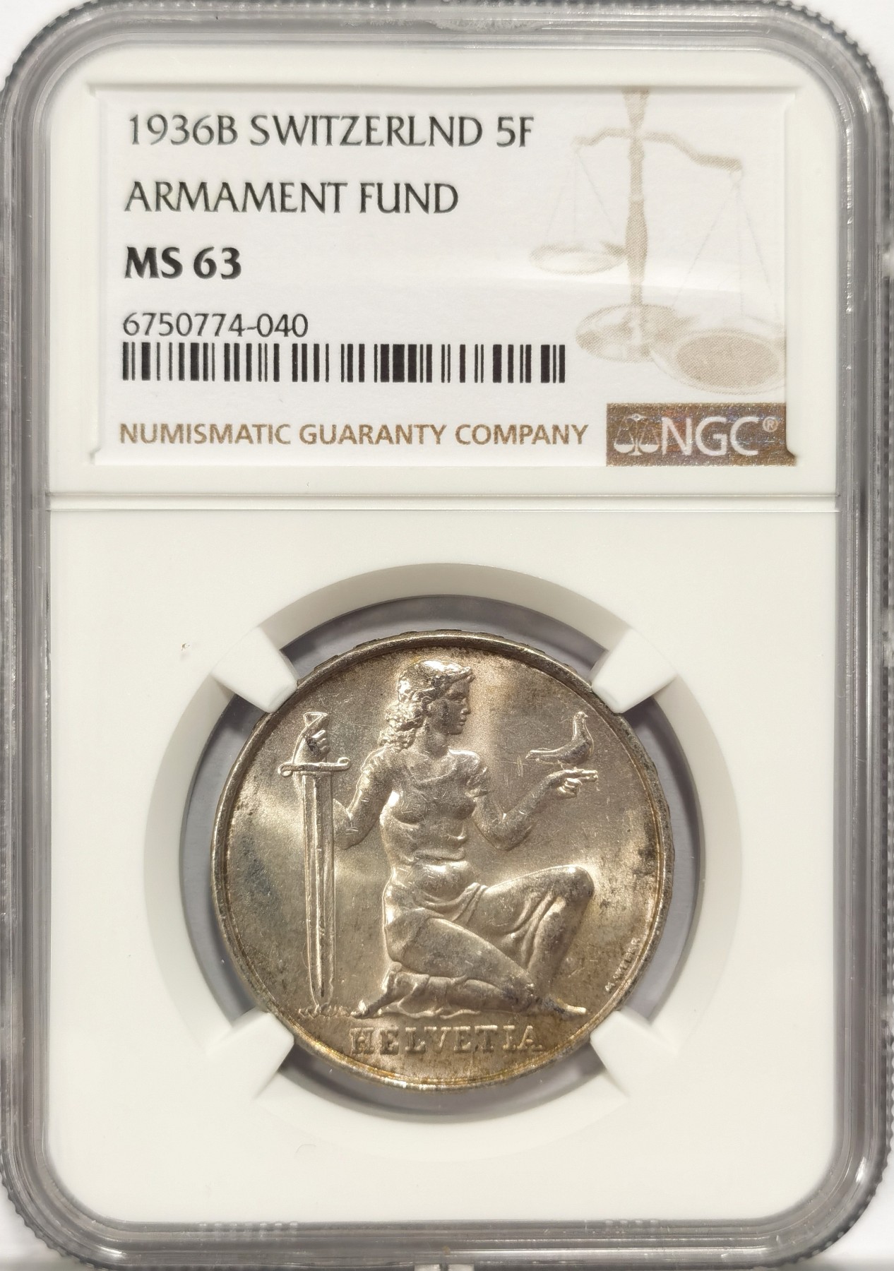博洋堂世界钱币拍卖第047期（全场包邮） NGC MS63 瑞士1936年联邦军备基金5法郎银币