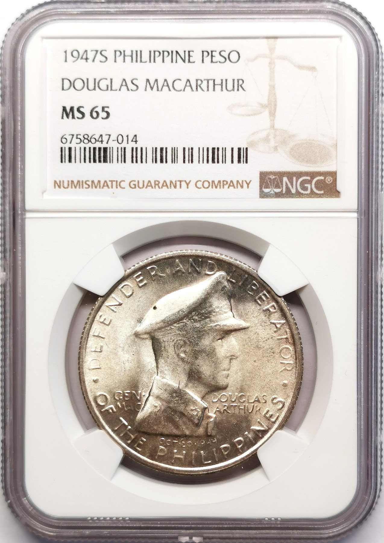 凡希社世界钱币微拍第二百五十期 1947菲律宾麦克阿瑟纪念大银NGC-MS65