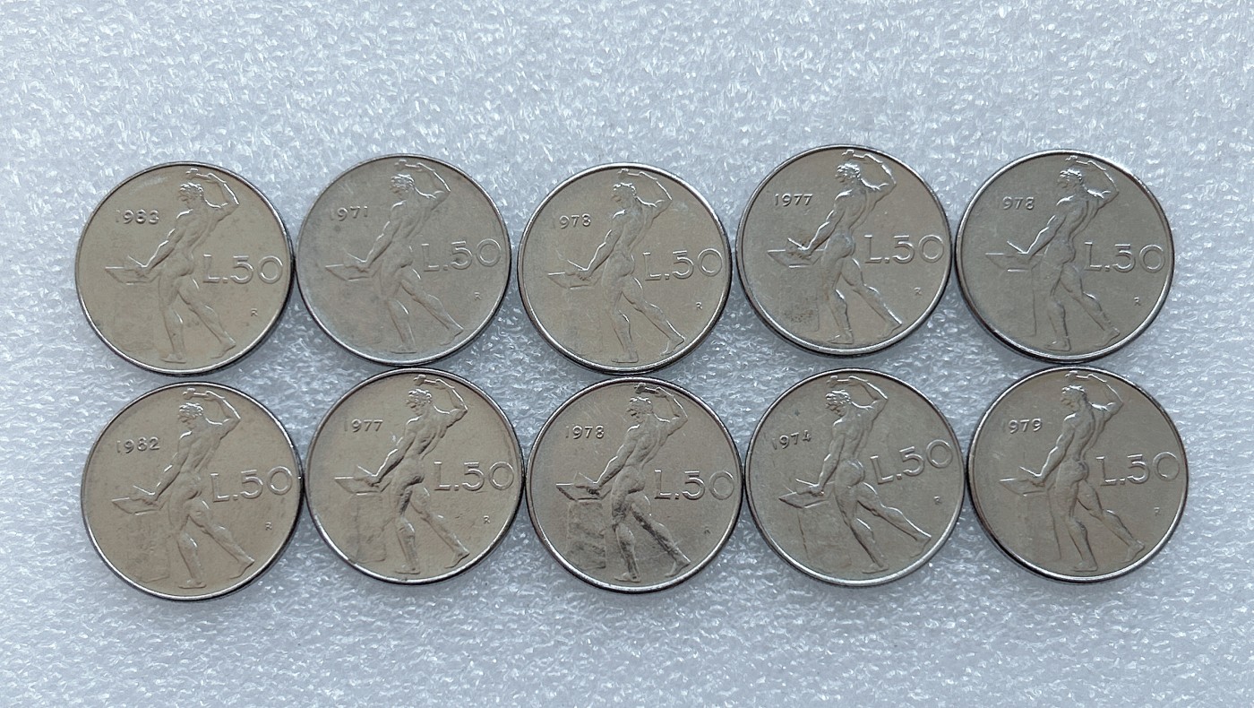 海外回流1元起拍小铺 各国钱币散币场 第1期 意大利50里拉10枚 锻冶之神-伍尔坎