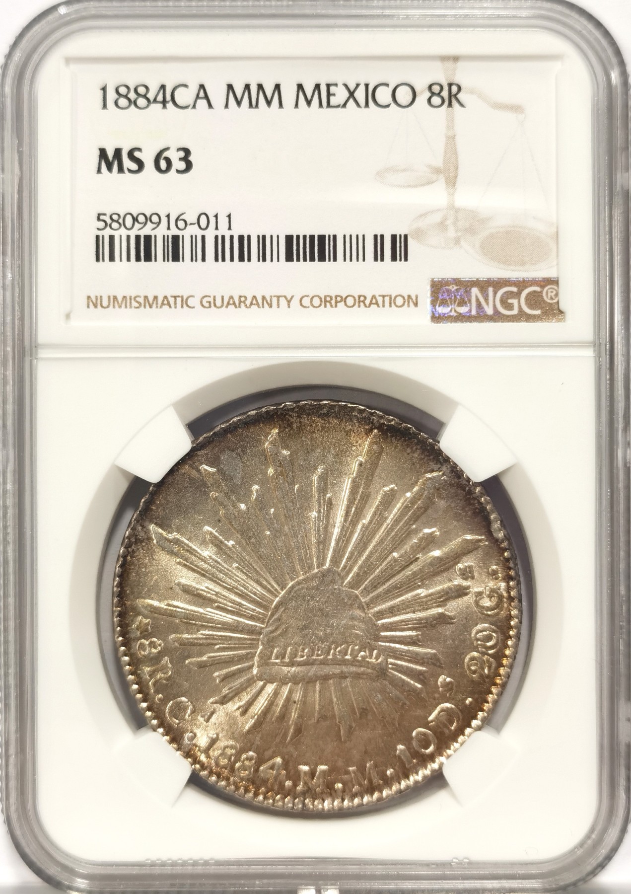 博洋堂世界钱币拍卖第047期（全场包邮） NGC MS63 墨西哥1884年CA MM版8R花边鹰洋，字复打，五彩包浆