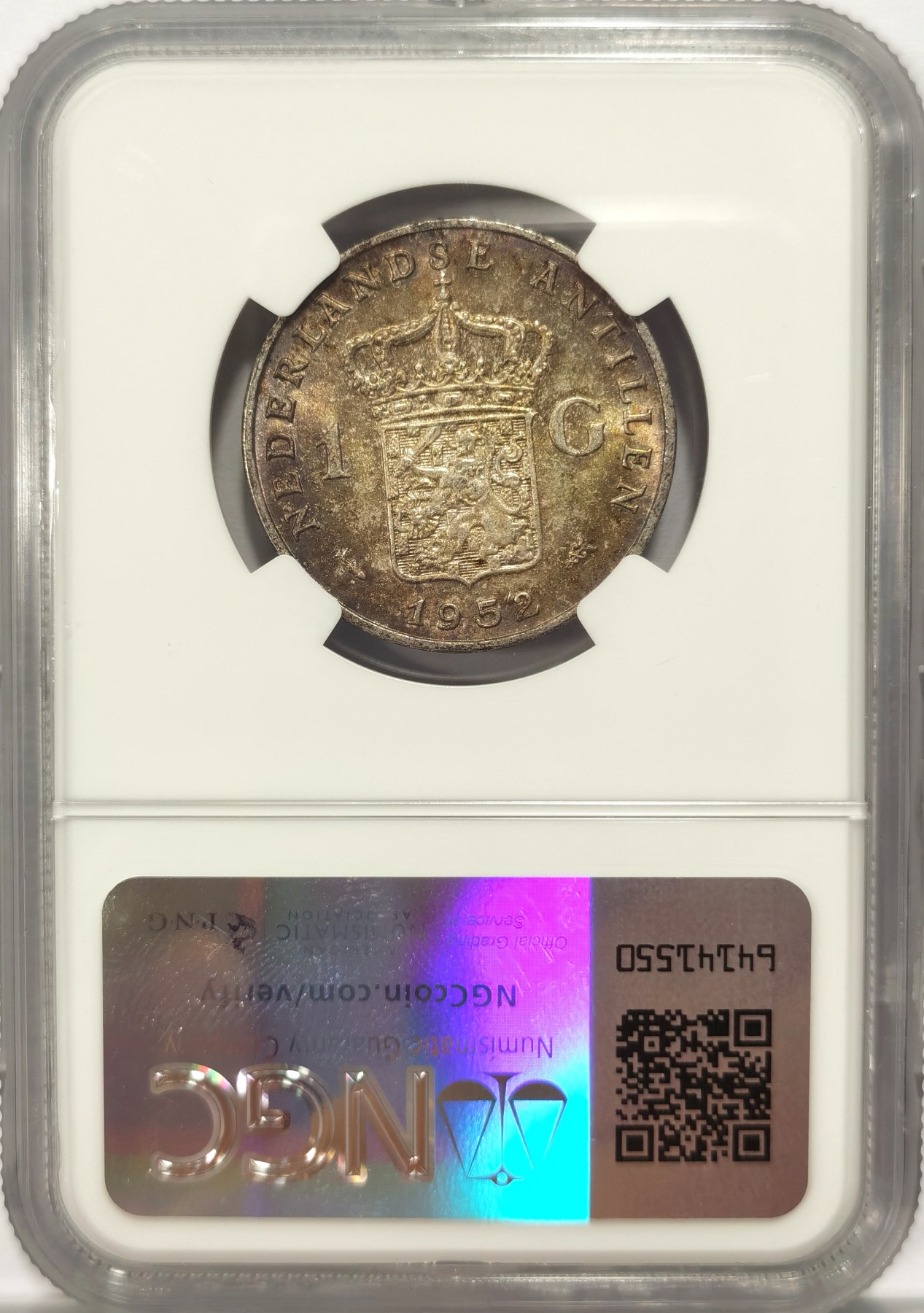 博洋堂世界钱币拍卖第047期（全场包邮） NGC MS64 荷属安的列斯1952年朱莉安娜女王1盾银币，带彩包浆