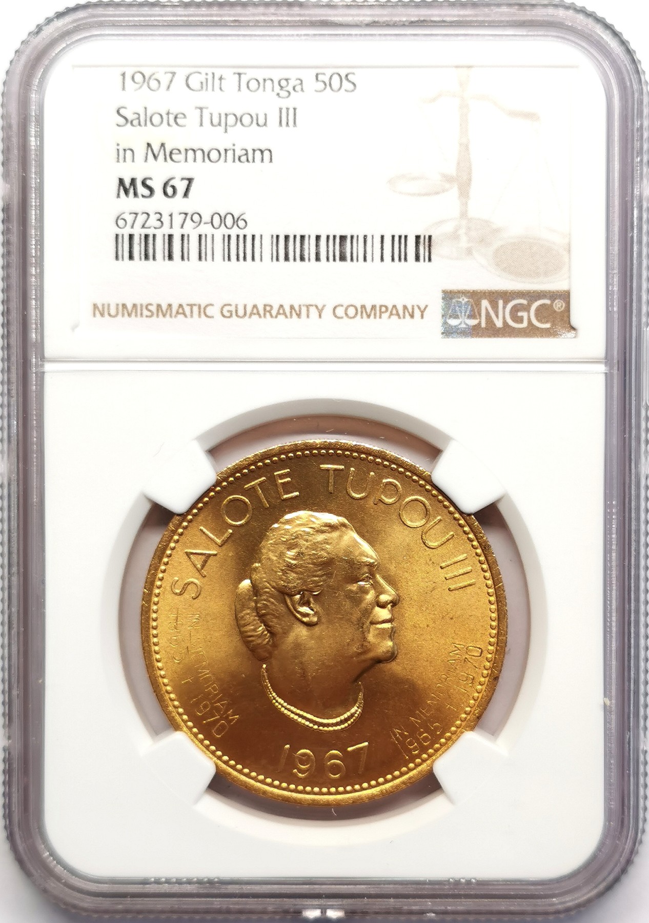凡希社世界钱币微拍第二百五十期 1967汤加王国50Senti镀金铜币NGC-MS67