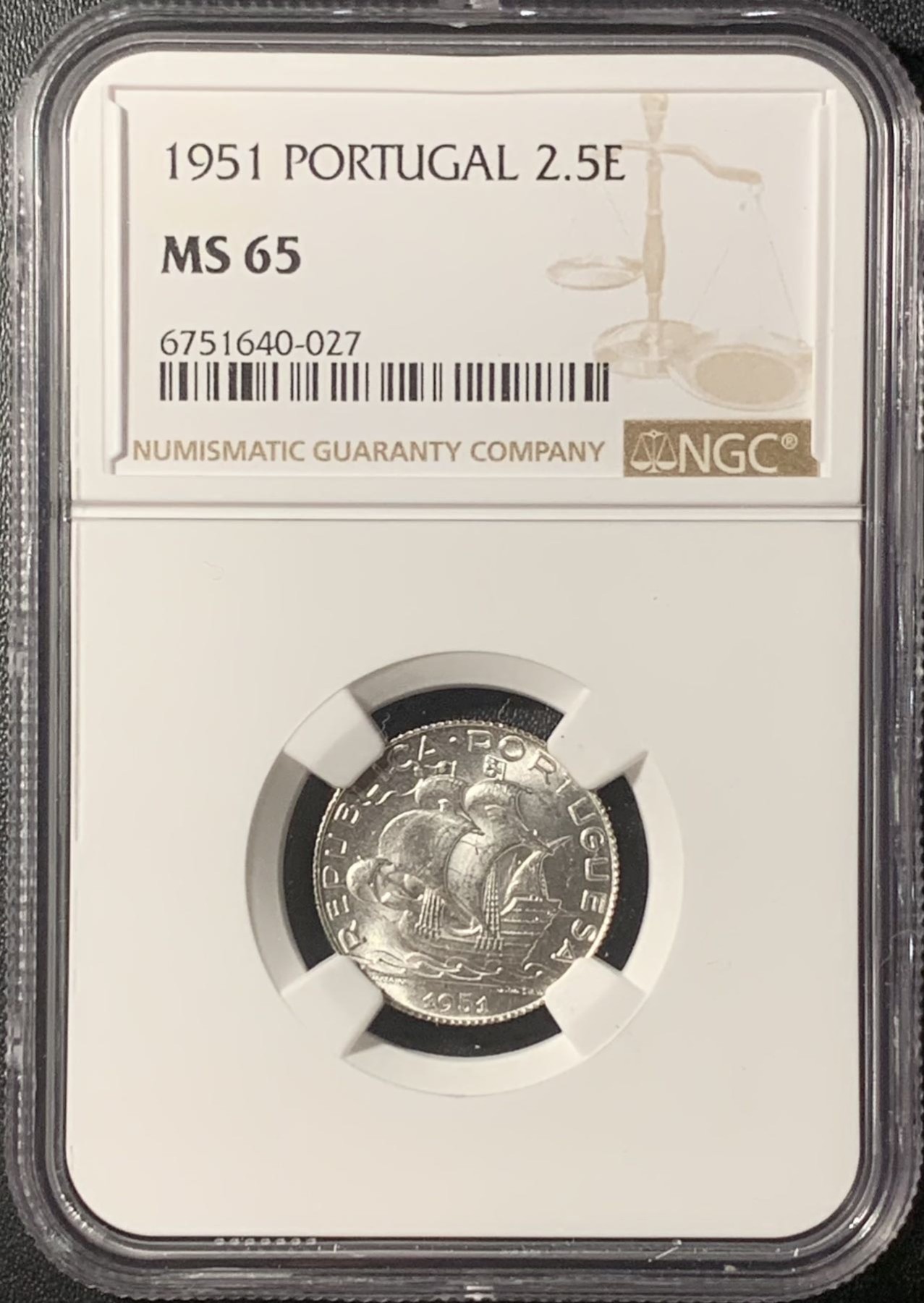 紫瑗钱币——第315期拍卖 葡萄牙 1951年 帆船 2.5埃斯库多 银币 NGC MS65