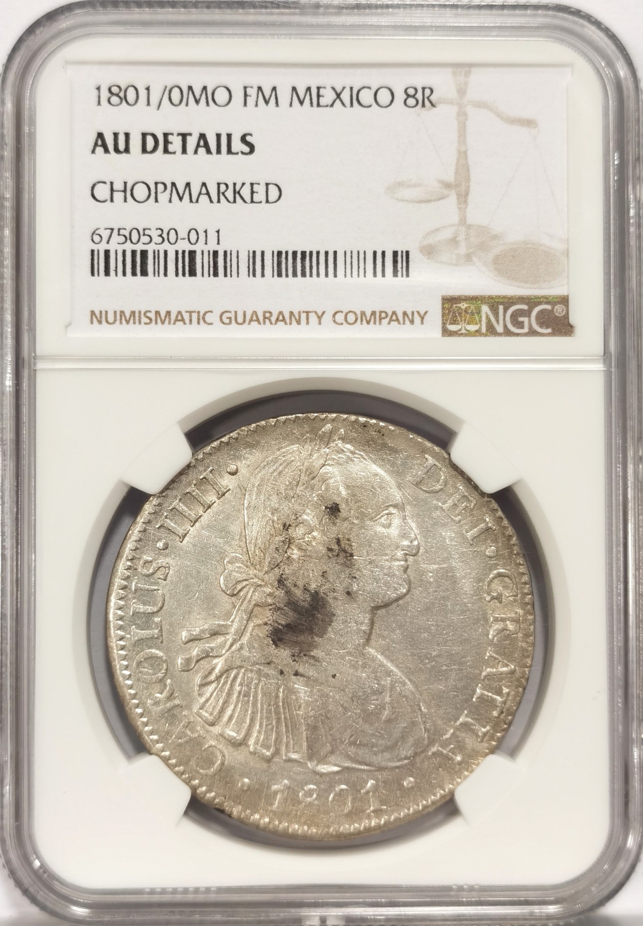 博洋堂世界钱币拍卖第047期（全场包邮） NGC AU 西属墨西哥1801/0年MO FM卡洛斯四世双柱银币，少见骑字版