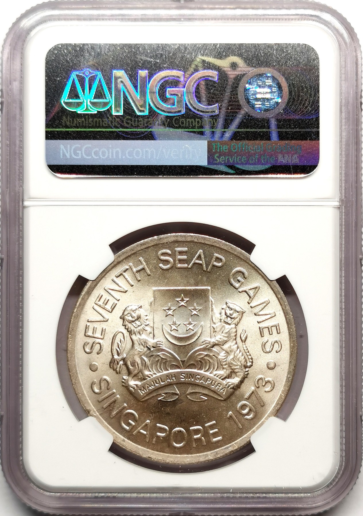 凡希社世界钱币微拍第二百五十期 1973新加坡东南亚运动会5元纪念大银NGC-MS66