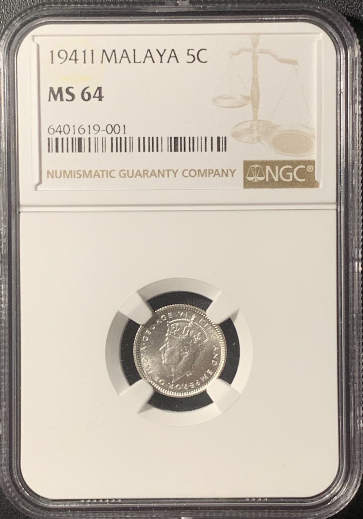 紫瑗钱币——第315期拍卖 马来亚 1941年 i版 乔治六世 5分 银币 NGC MS64
