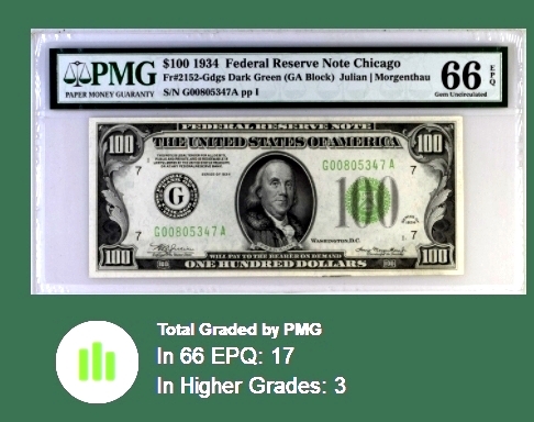 【Blue Auction】✨世界纸币精拍第380期【精】 【亚军分 仅3张更高分】美国 早期 1934年100美金 Dark Green PMG66EPQ 高分升值品种 