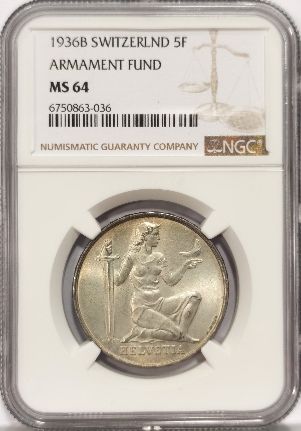 博洋堂世界钱币拍卖第047期（全场包邮） NGC MS64 瑞士1936年联邦军备基金5法郎银币