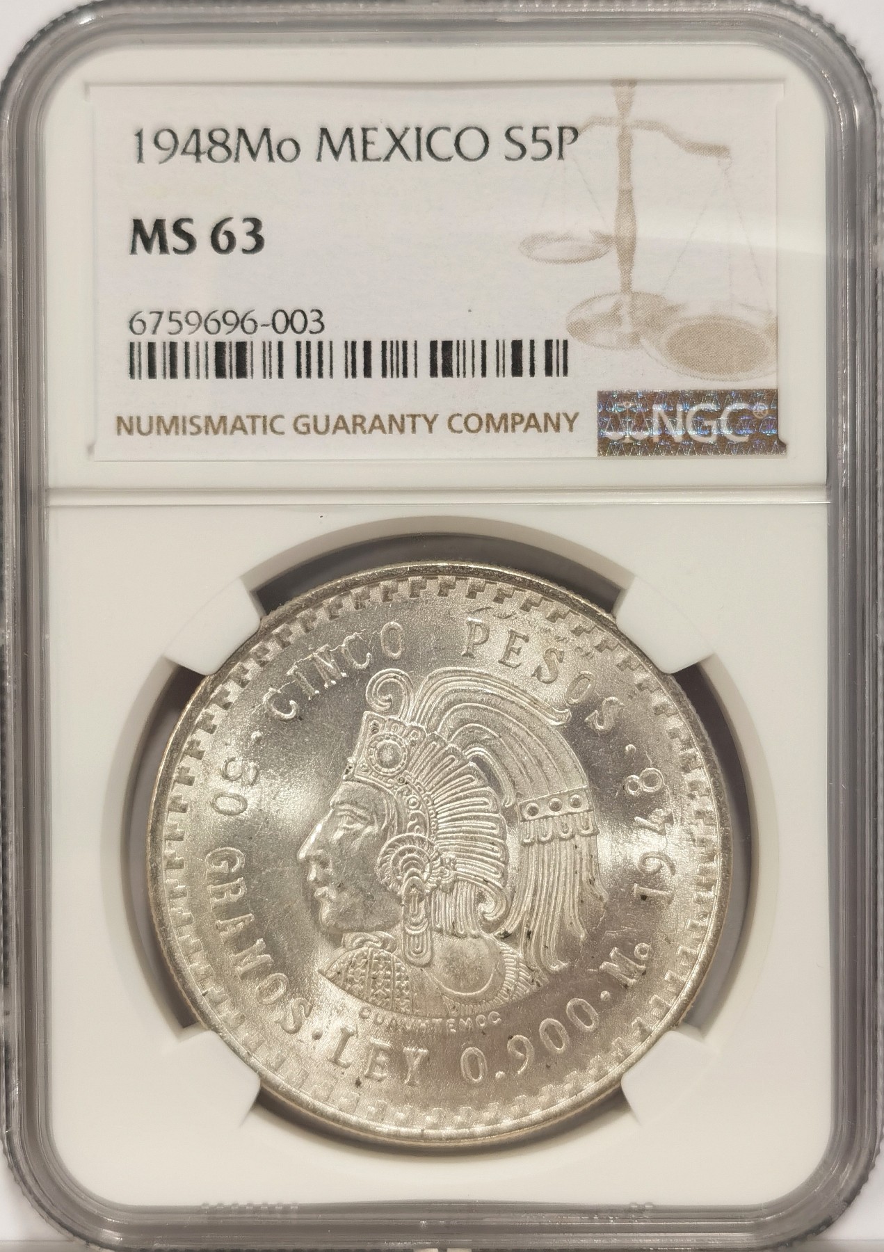 博洋堂世界钱币拍卖第047期（全场包邮） NGC MS63 墨西哥1948年玛雅人5比索大银币