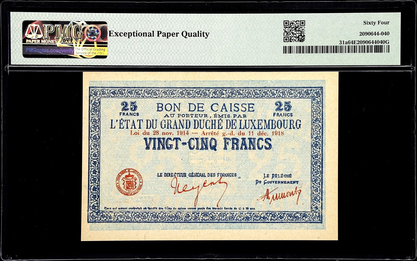 【Blue Auction】✨世界纸币精拍第380期【精】 【亚军分 百年风云】卢森堡 大公国 1918年25法郎 少见品种 PMG64EPQ 全新原票