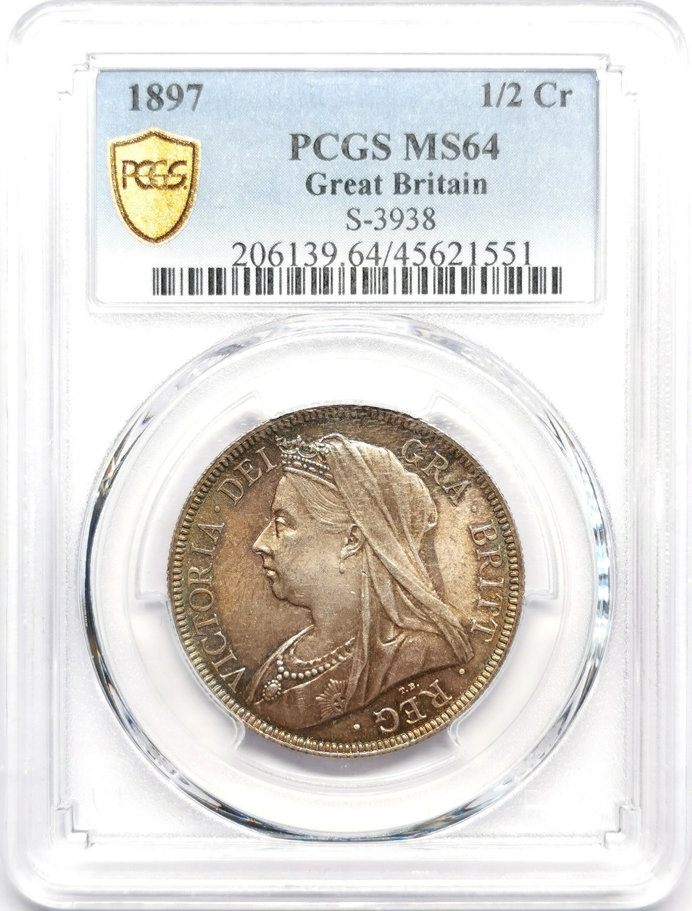 凡希社世界钱币微拍第二百五十期 1897英国老维批纱半克朗PCGS-MS64金绿彩！