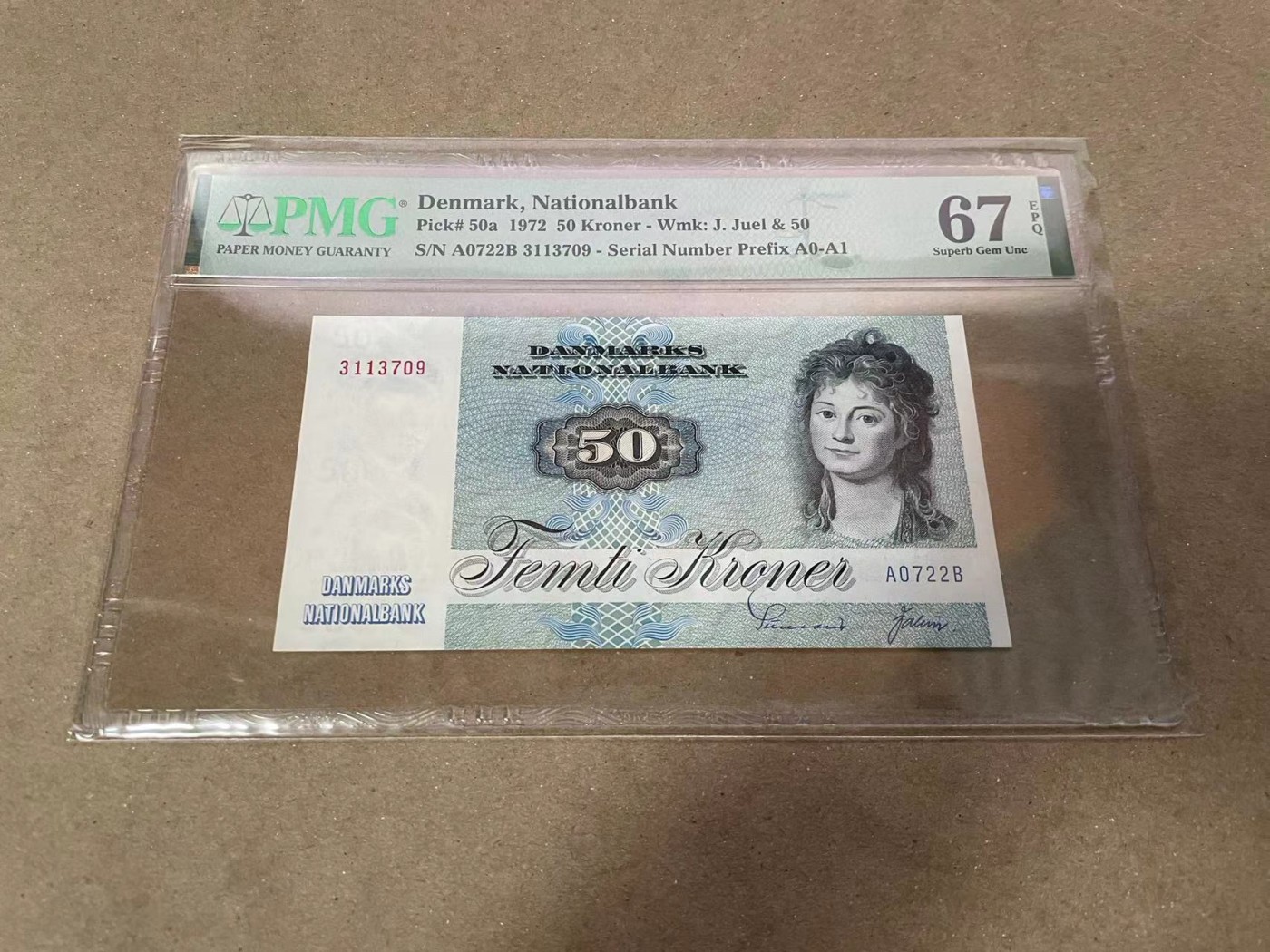 【Blue Auction】✨世界纸币精拍第380期【精】 【初版A0冠】丹麦 1972年50克朗 PMG67EPQ 高分