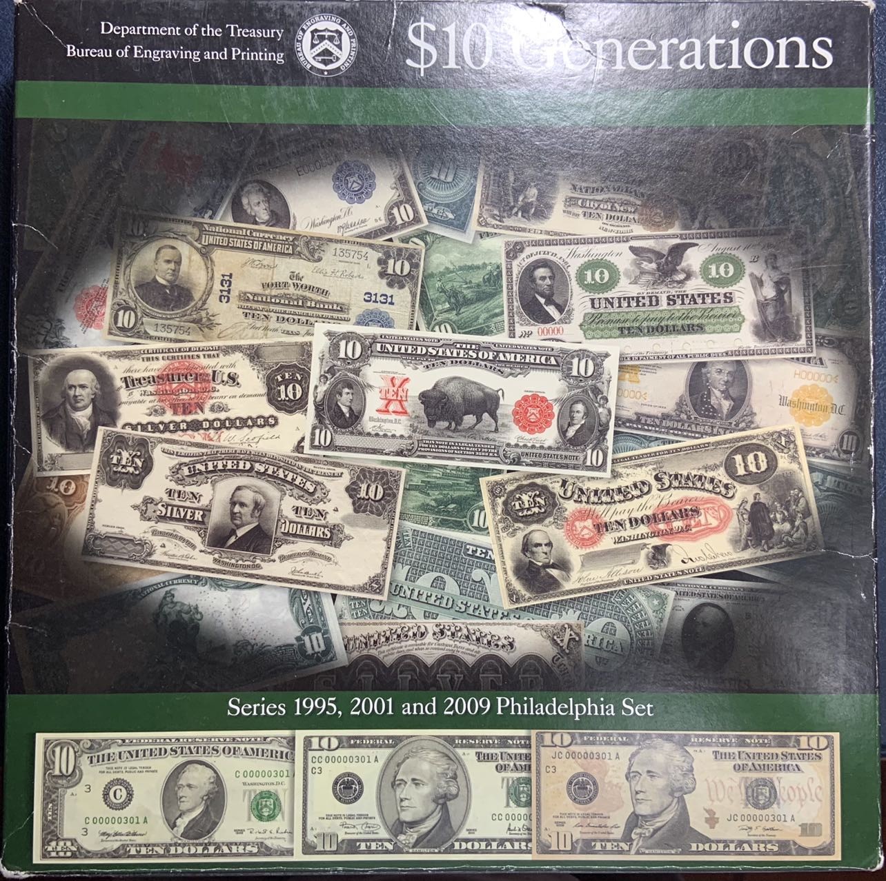 收藏联盟Quantum Auction 第296期拍卖  美国3个版本10美元全同千位号纪念册 品相全新UNC 号码无4  包装纸盒有点旧 
