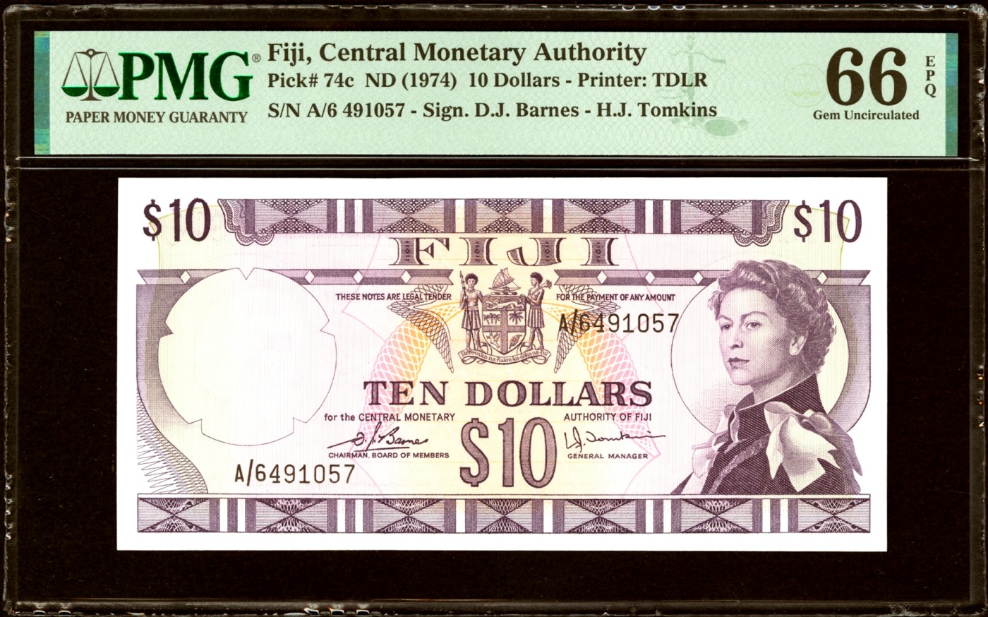 【Blue Auction】✨世界纸币精拍第380期【精】 【仅2张更高分】斐济 1974年10元 PMG66EPQ 戎装 女王 精美高值 