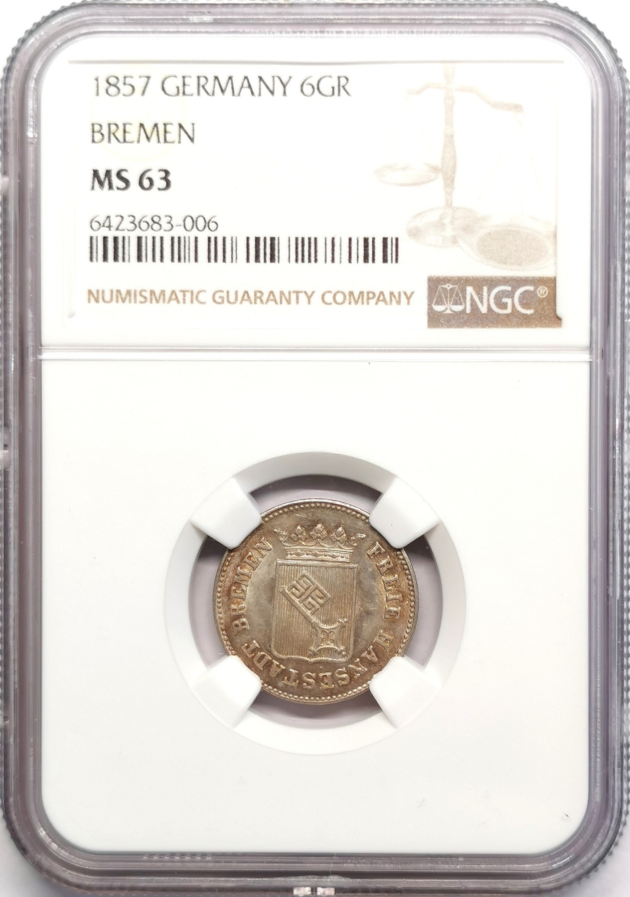 凡希社世界钱币微拍第二百五十期 1857不来梅6GR银辅币NGC-MS63