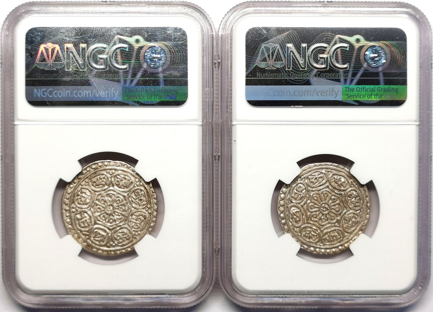 凡希社世界钱币微拍第二百五十期 中国西藏章噶银币一对type B&E NGC