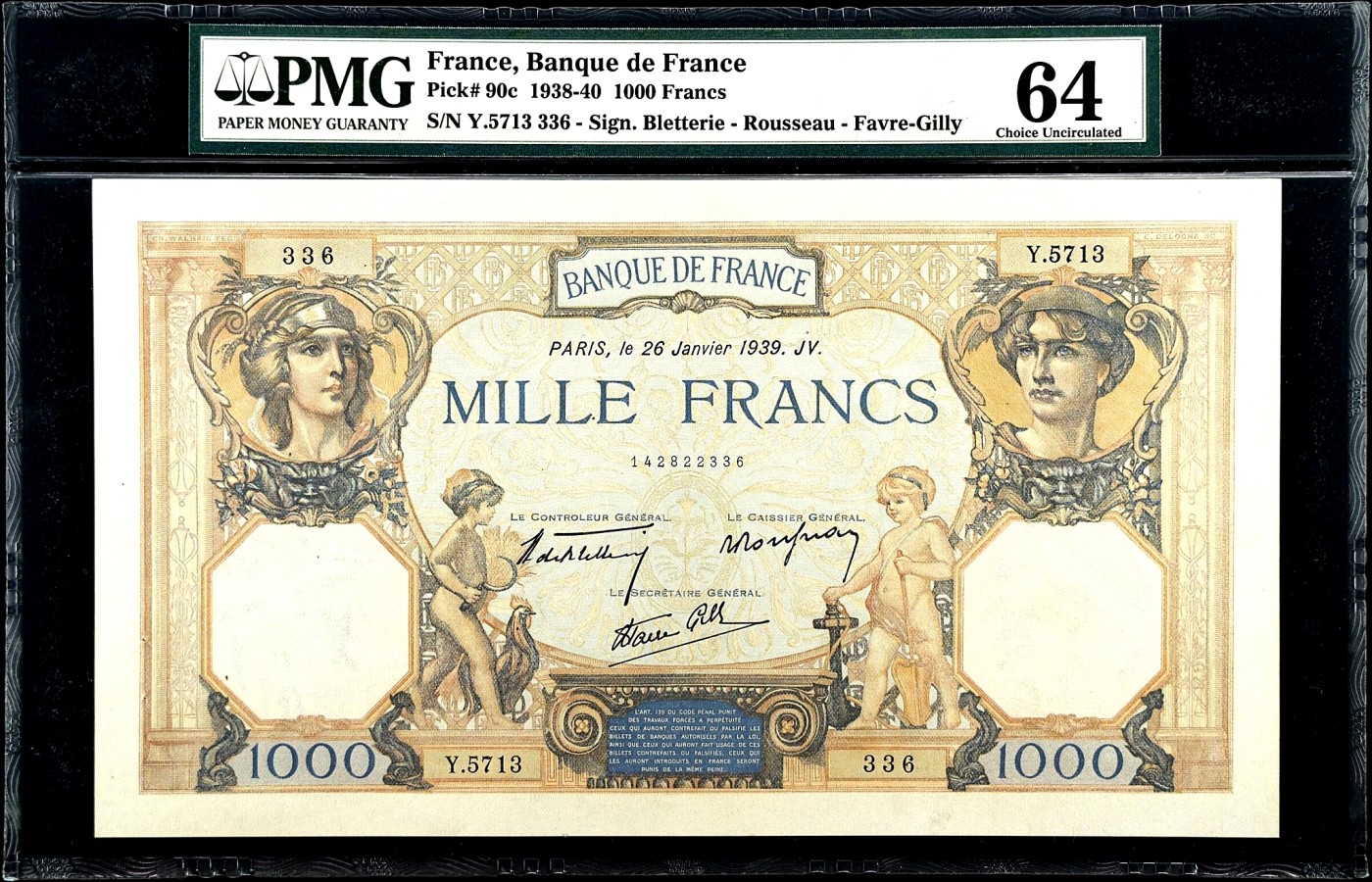 【Blue Auction】✨世界纸币精拍第380期【精】 【仅1张更高分 超大票幅 无47】法国 1938-40年1000法郎 PMG64 经典大票 