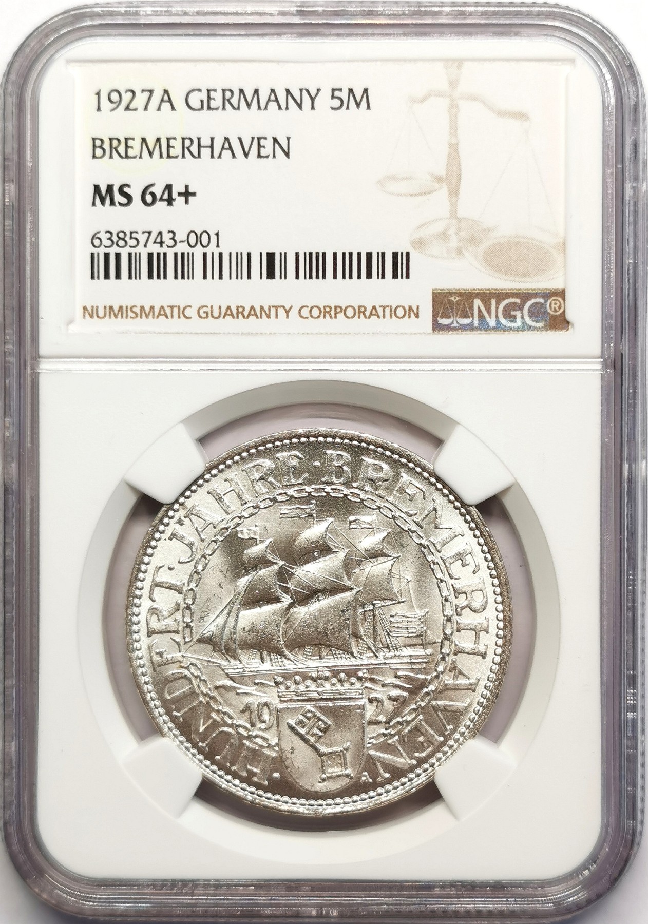 凡希社世界钱币微拍第二百五十期 荐！1927魏玛德国不来梅纪念5马克大银NGC-MS64+原色银光！