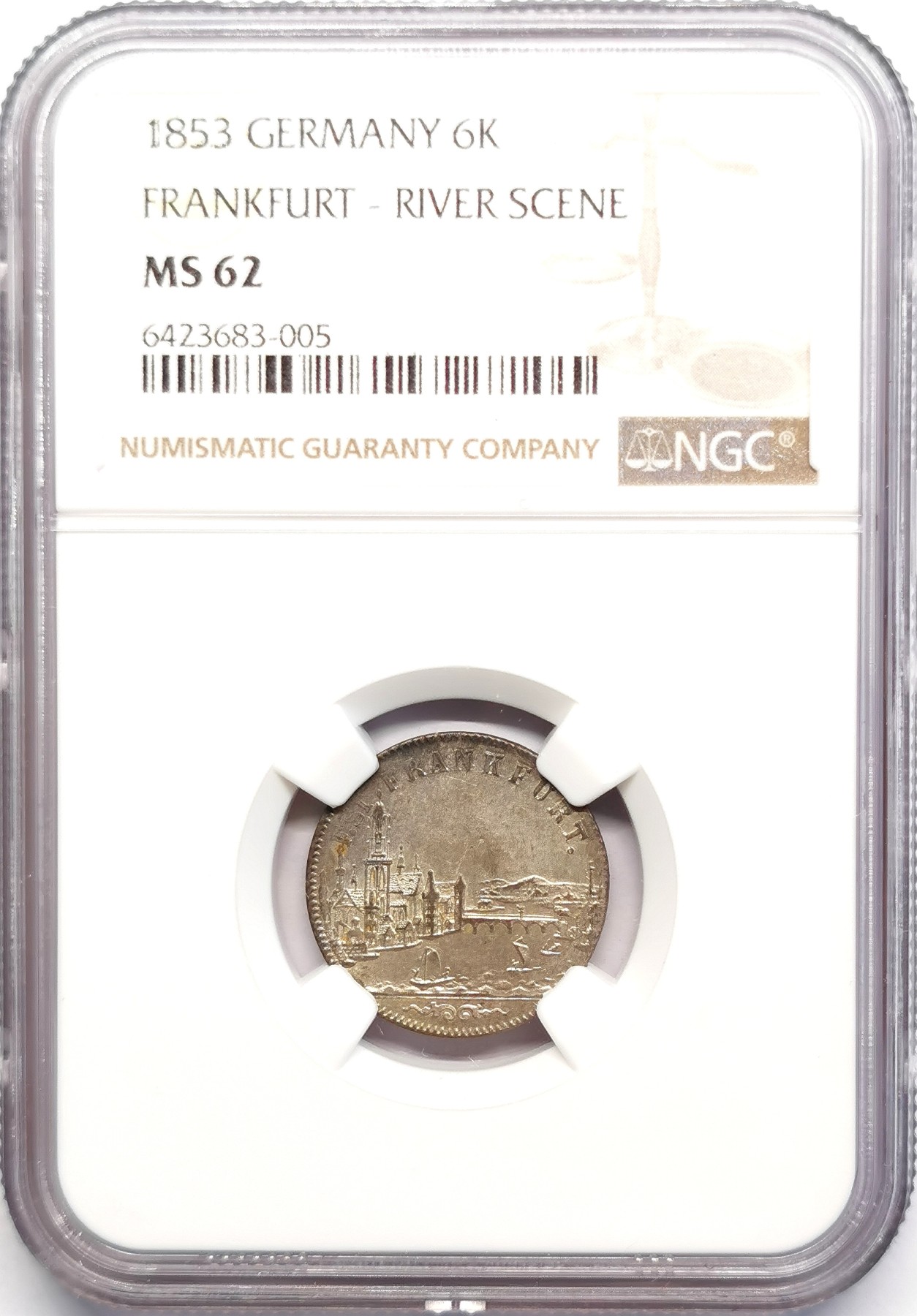 凡希社世界钱币微拍第二百五十期 1853法兰克福运河景观6K银辅币NGC-MS62