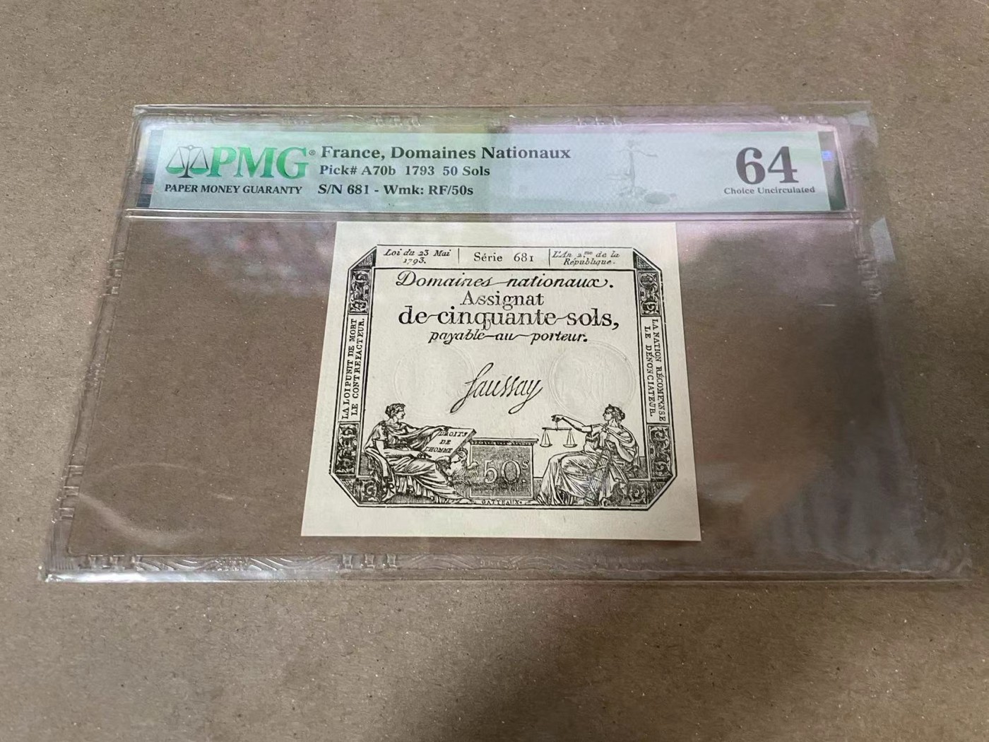 【Blue Auction】✨世界纸币精拍第380期【精】 【倒置号】法国 1793年50索尔 PMG64