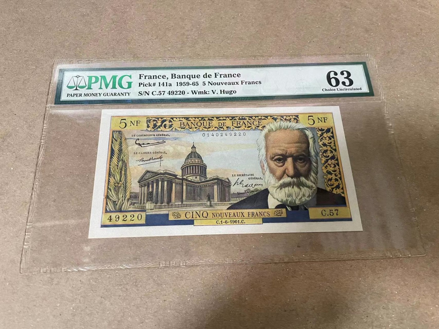 【Blue Auction】✨世界纸币精拍第380期【精】 法国 1961年5新法郎 雨果 PMG63
