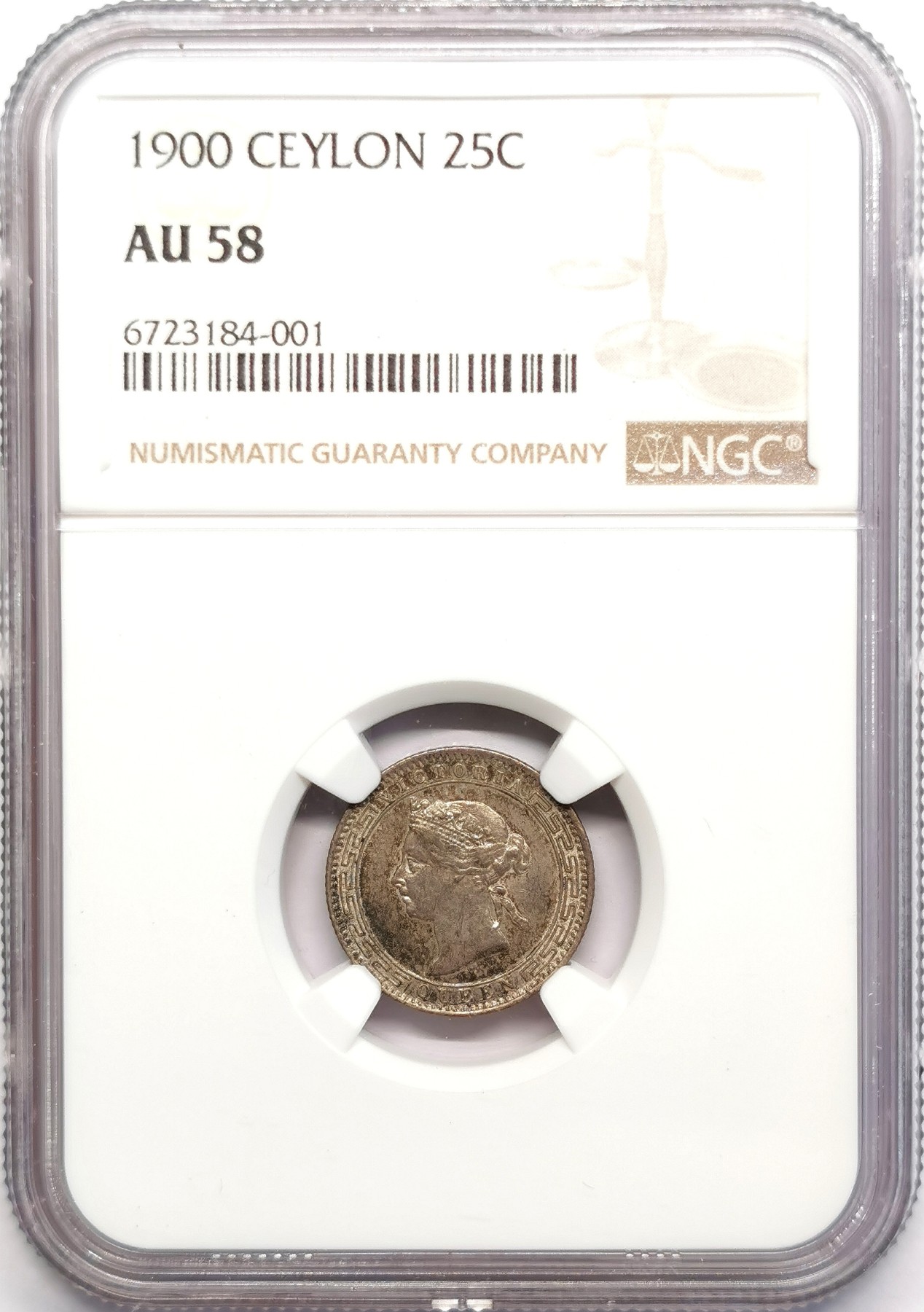 凡希社世界钱币微拍第二百五十期 1900锡兰小维25分银币NGC-AU58