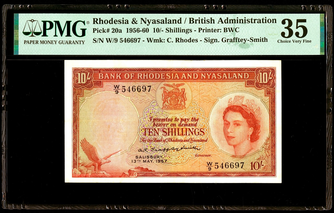 【Blue Auction】✨世界纸币精拍第380期【精】 罗德西亚和尼亚萨兰 1957年10先令 BWC出品 大冠女王 背面很有意境唯美 PMG35 