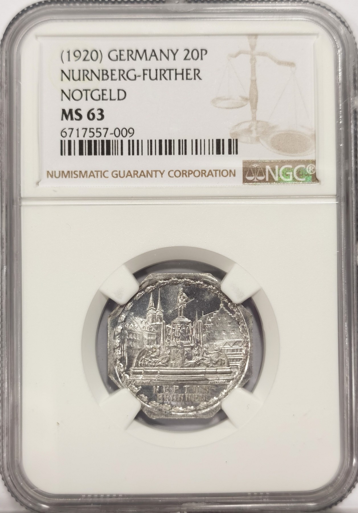博洋堂世界钱币拍卖第047期（全场包邮） NGC MS63 1920年德国紧急状态时期纽伦堡20芬尼，景观系
