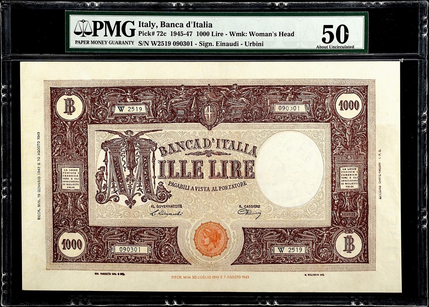 【Blue Auction】✨世界纸币精拍第380期【精】 【无47 PMG错标 实则为1943年a版】意大利 1943年1000里拉 超级大票幅 画面丰富震撼 PMG50 状态性价比很高
