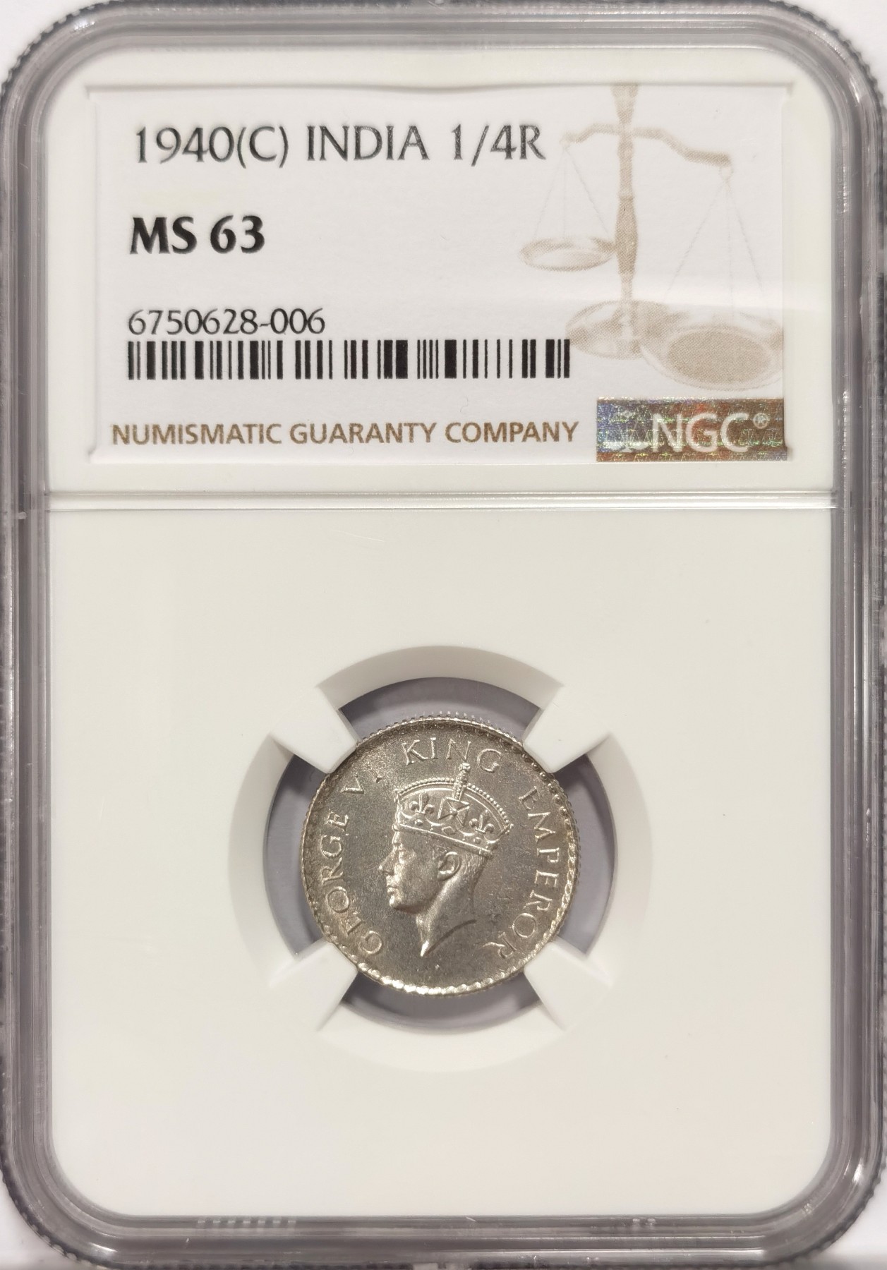 博洋堂世界钱币拍卖第047期（全场包邮） NGC MS63 英属印度1940年C版乔治六世1/4卢比银币